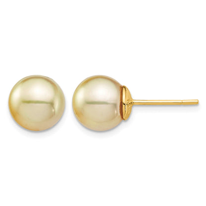 14k 9-10mm Round Golden South Sea Saltwater Cultured Pearl Post Earrings