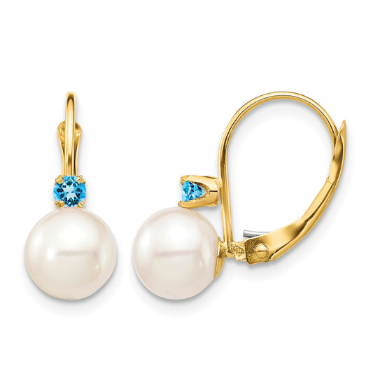 14k 7-7.5mm White Round Freshwater Cultured Pearl and .18BT Swiss Blue Topaz Leverback Earrings