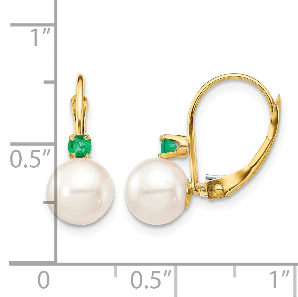 14k 7-7.5mm White Round Freshwater Cultured Pearl and .18EM Emerald Leverback Earrings