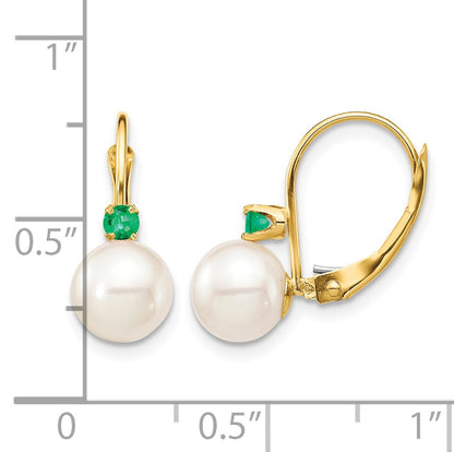14k 7-7.5mm White Round Freshwater Cultured Pearl and .18EM Emerald Leverback Earrings
