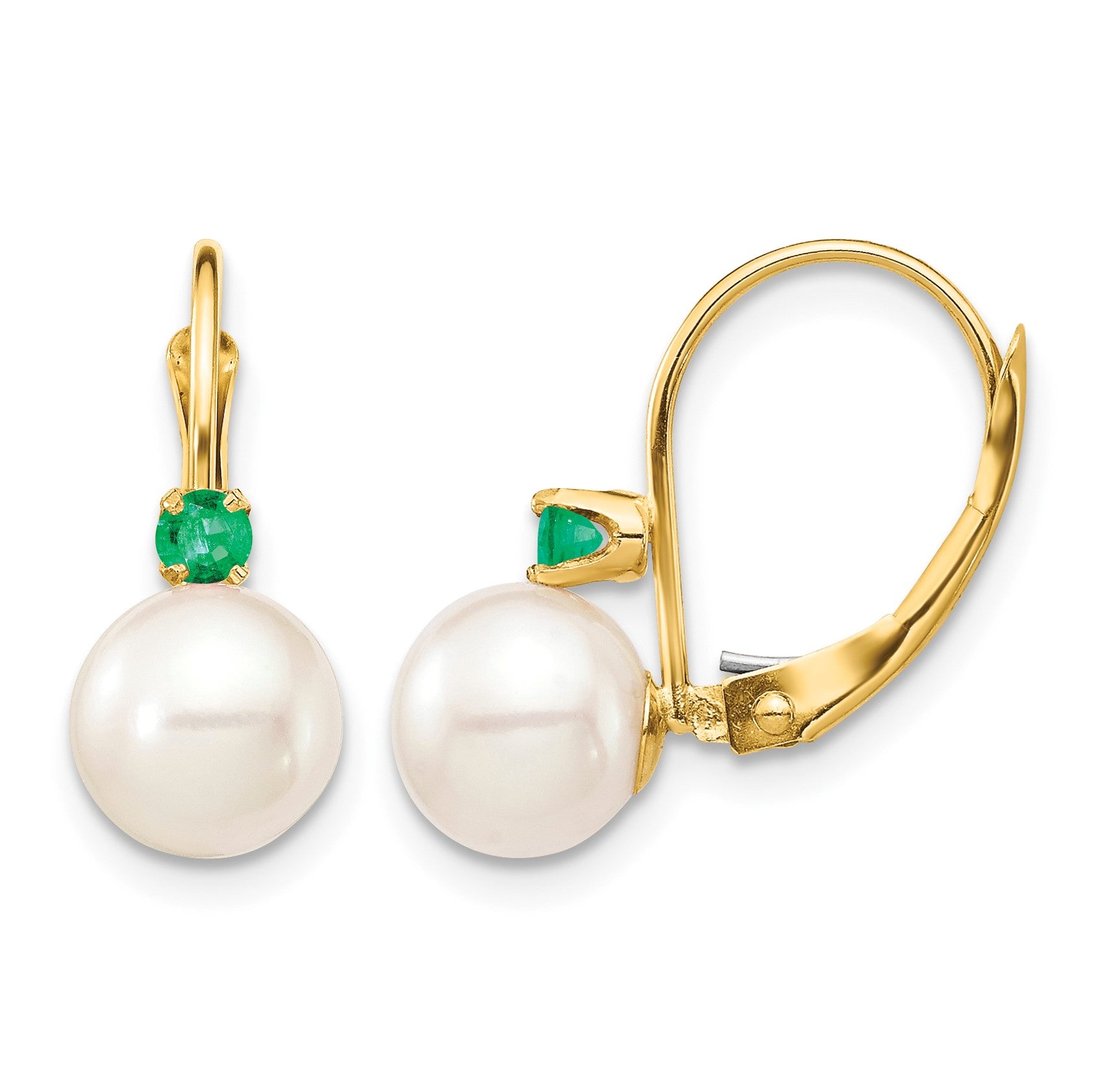 14k 7-7.5mm White Round Freshwater Cultured Pearl and .18EM Emerald Leverback Earrings