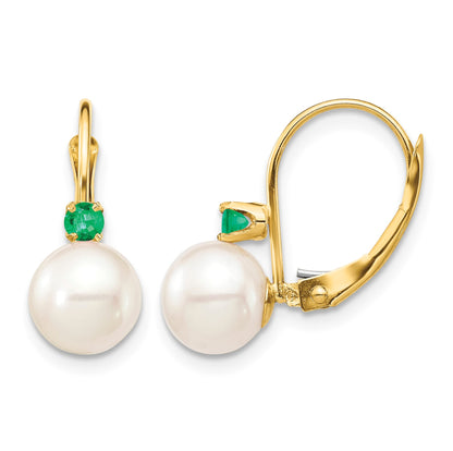14k 7-7.5mm White Round Freshwater Cultured Pearl and .18EM Emerald Leverback Earrings