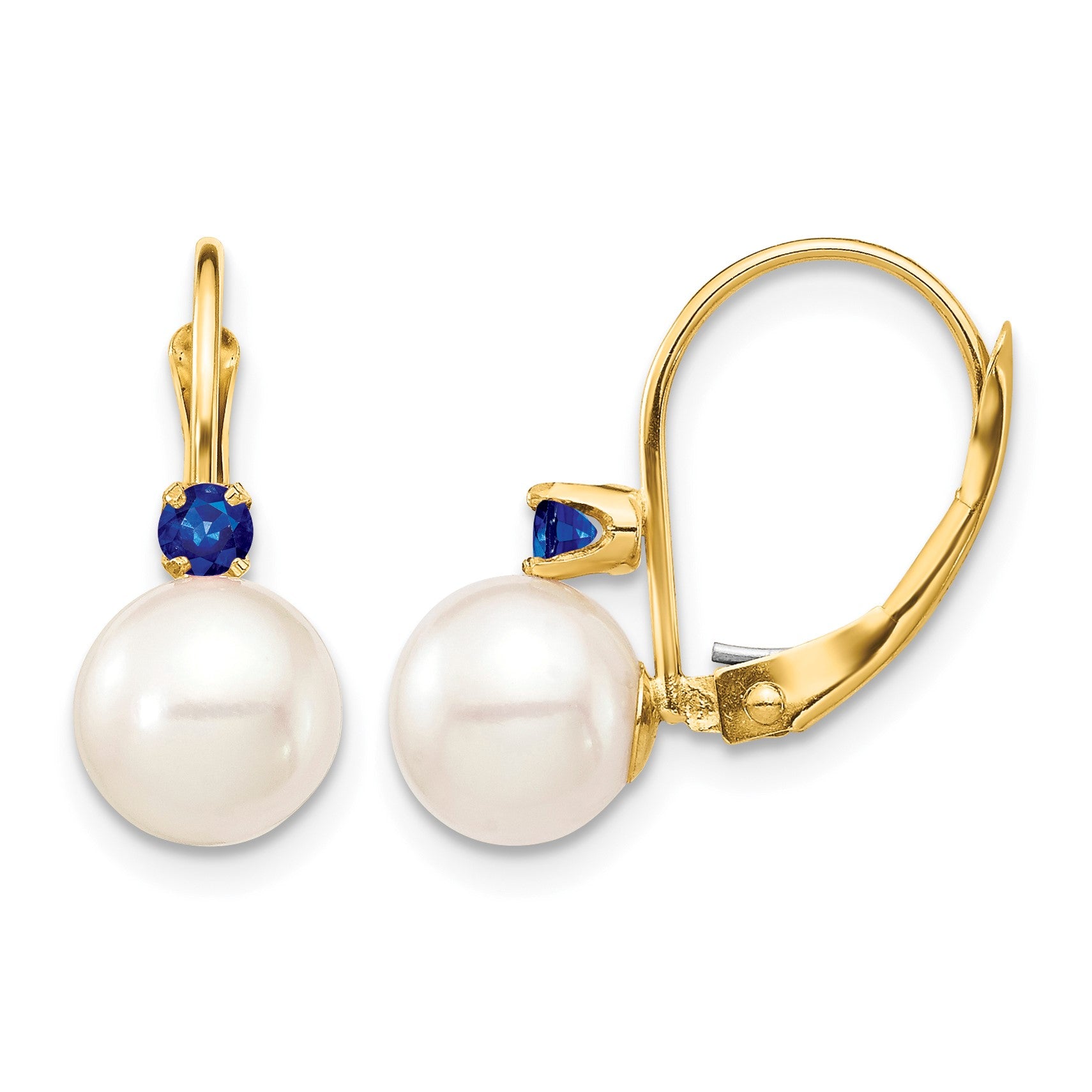 14k 7-7.5mm White Round Freshwater Cultured Pearl and .18SA Sapphire Leverback Earrings