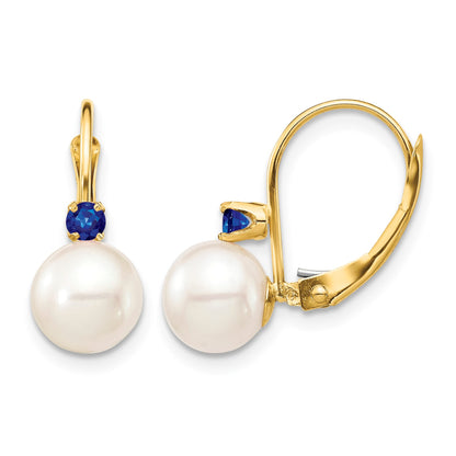 14k 7-7.5mm White Round Freshwater Cultured Pearl and .18SA Sapphire Leverback Earrings