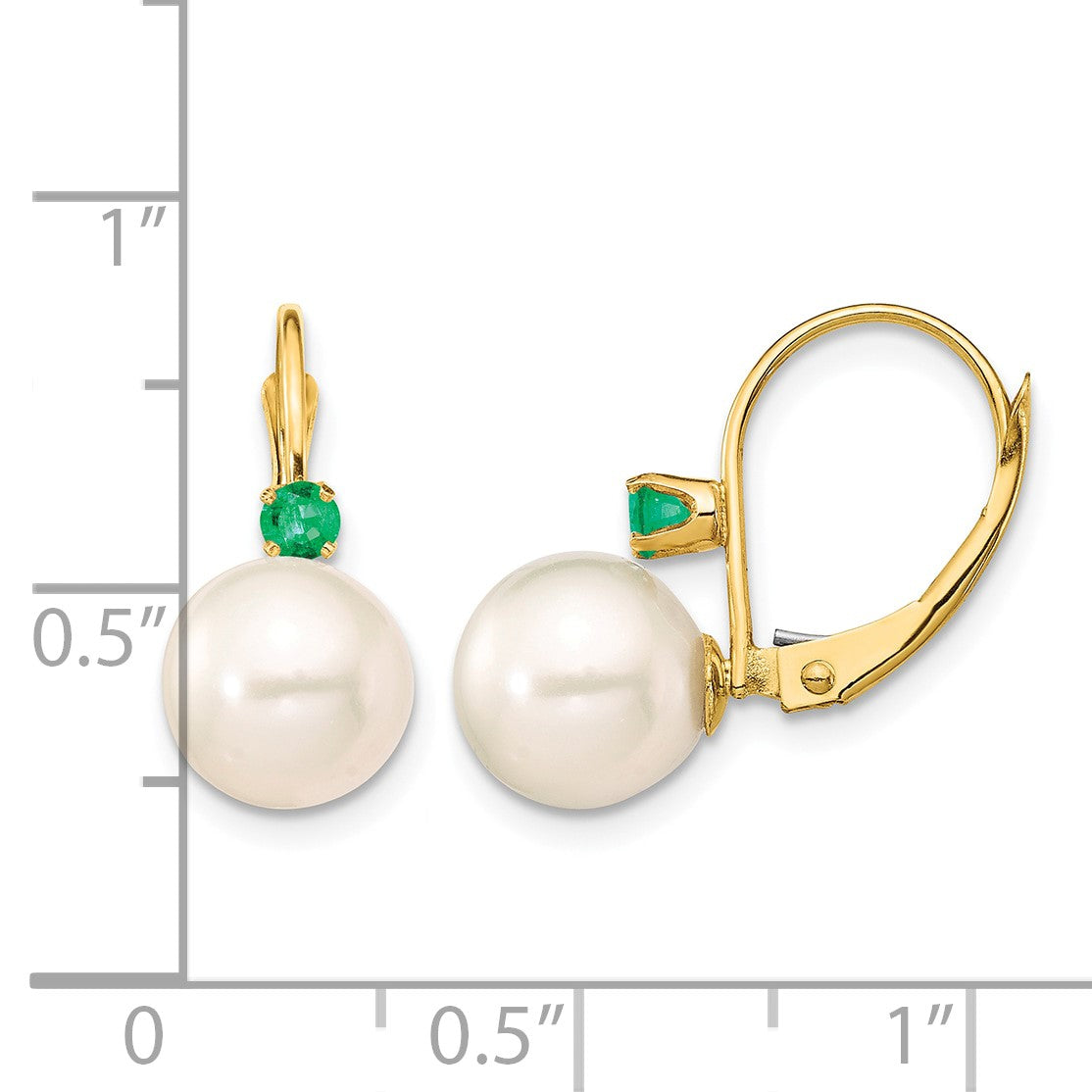 14k 8-8.5mm White Round Freshwater Cultured Pearl and .18EM Emerald Leverback Earrings