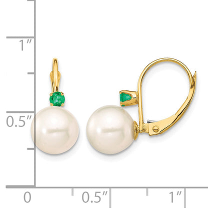 14k 8-8.5mm White Round Freshwater Cultured Pearl and .18EM Emerald Leverback Earrings