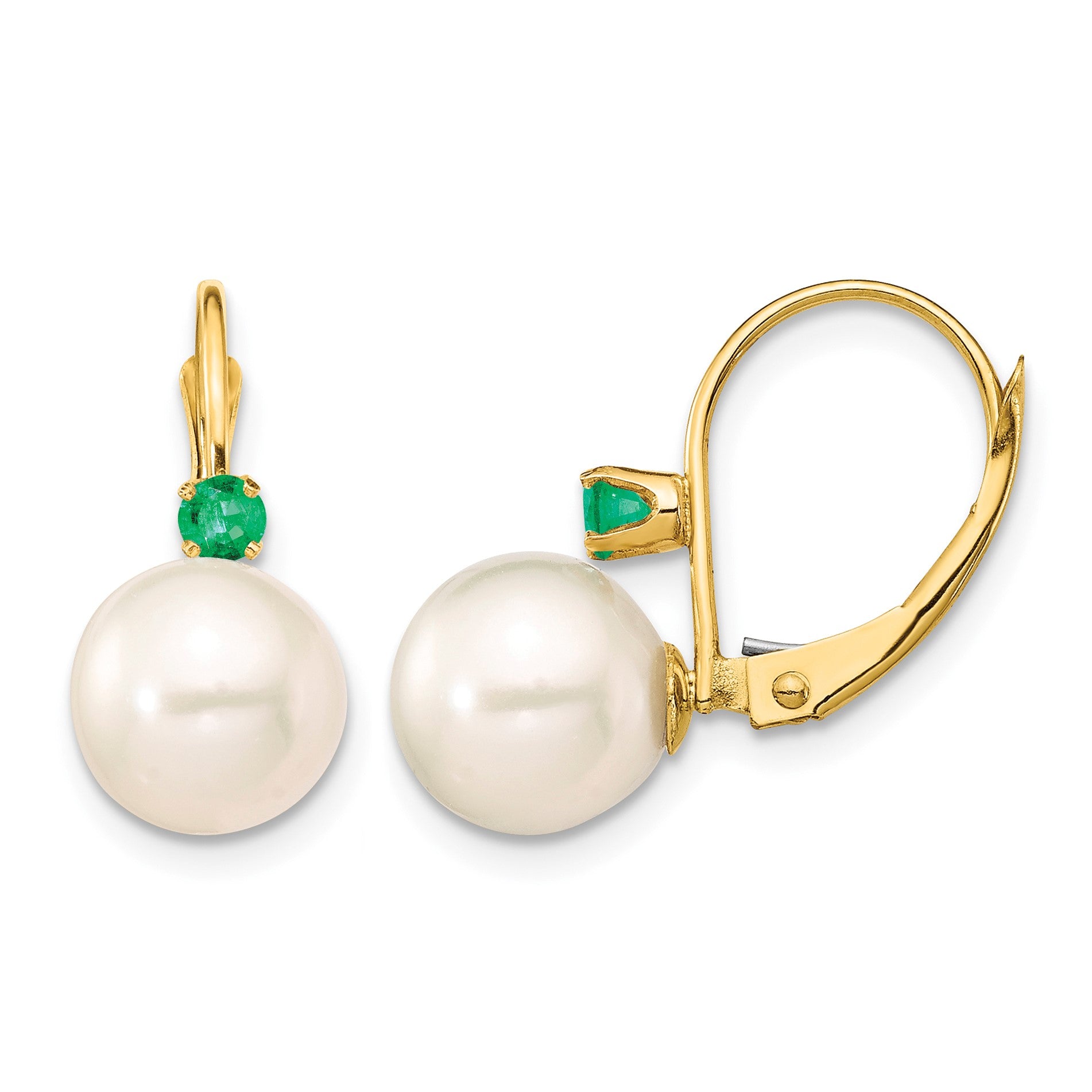 14k 8-8.5mm White Round Freshwater Cultured Pearl and .18EM Emerald Leverback Earrings