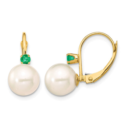 14k 8-8.5mm White Round Freshwater Cultured Pearl and .18EM Emerald Leverback Earrings