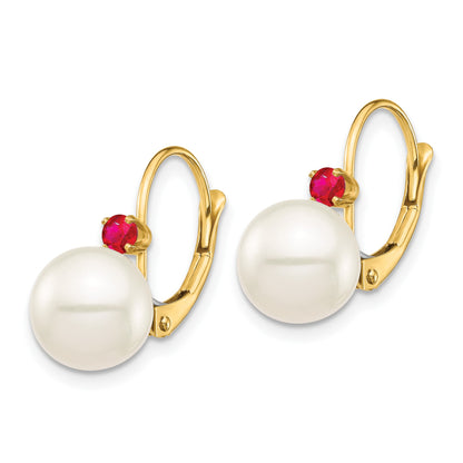14k 8-8.5mm White Round Freshwater Cultured Pearl and .18RU Ruby Leverback Earrings