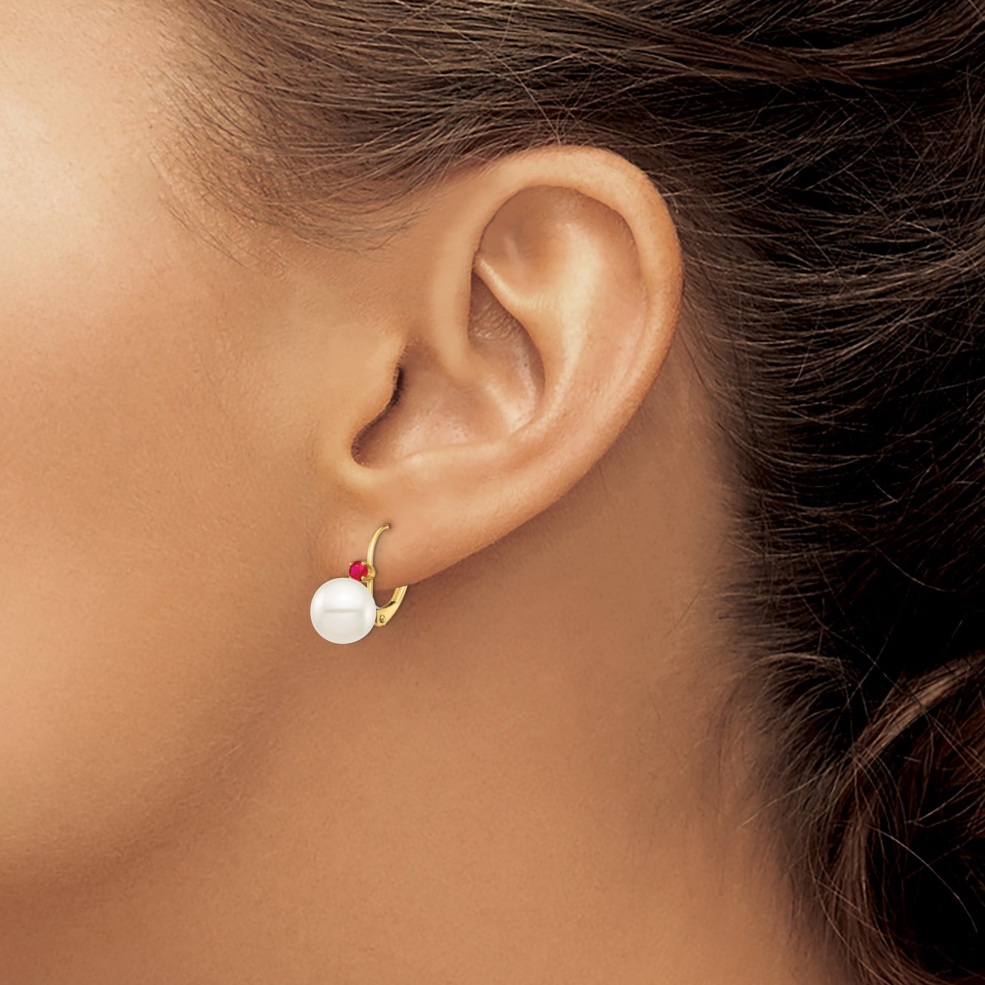 14k 8-8.5mm White Round Freshwater Cultured Pearl and .18RU Ruby Leverback Earrings
