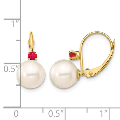 14k 8-8.5mm White Round Freshwater Cultured Pearl and .18RU Ruby Leverback Earrings