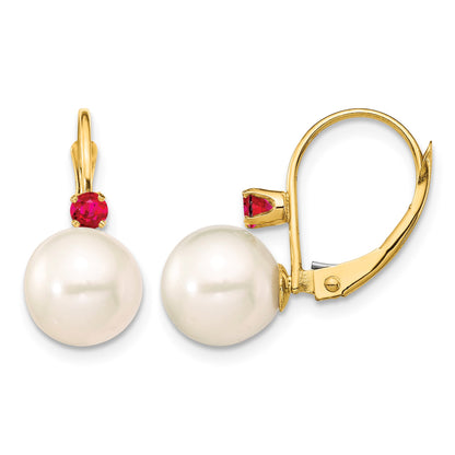 14k 8-8.5mm White Round Freshwater Cultured Pearl and .18RU Ruby Leverback Earrings