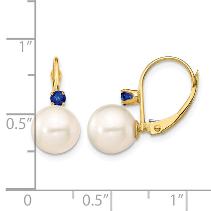 14k 8-8.5mm White Round Freshwater Cultured Pearl and .18SA Sapphire Leverback Earrings
