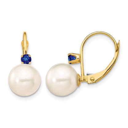 14k 8-8.5mm White Round Freshwater Cultured Pearl and .18SA Sapphire Leverback Earrings
