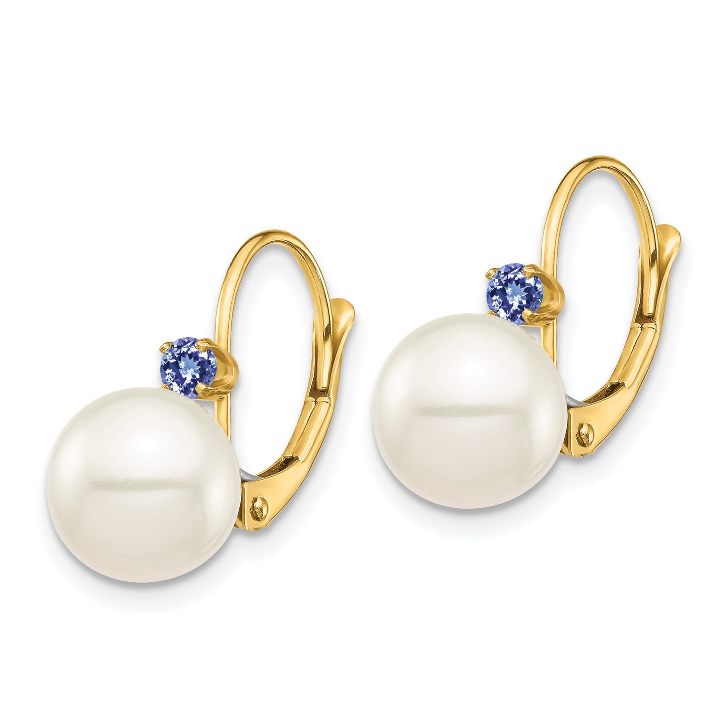 14k 8-8.5mm White Round Freshwater Cultured Pearl and .14TZ Tanzanite Leverback Earrings