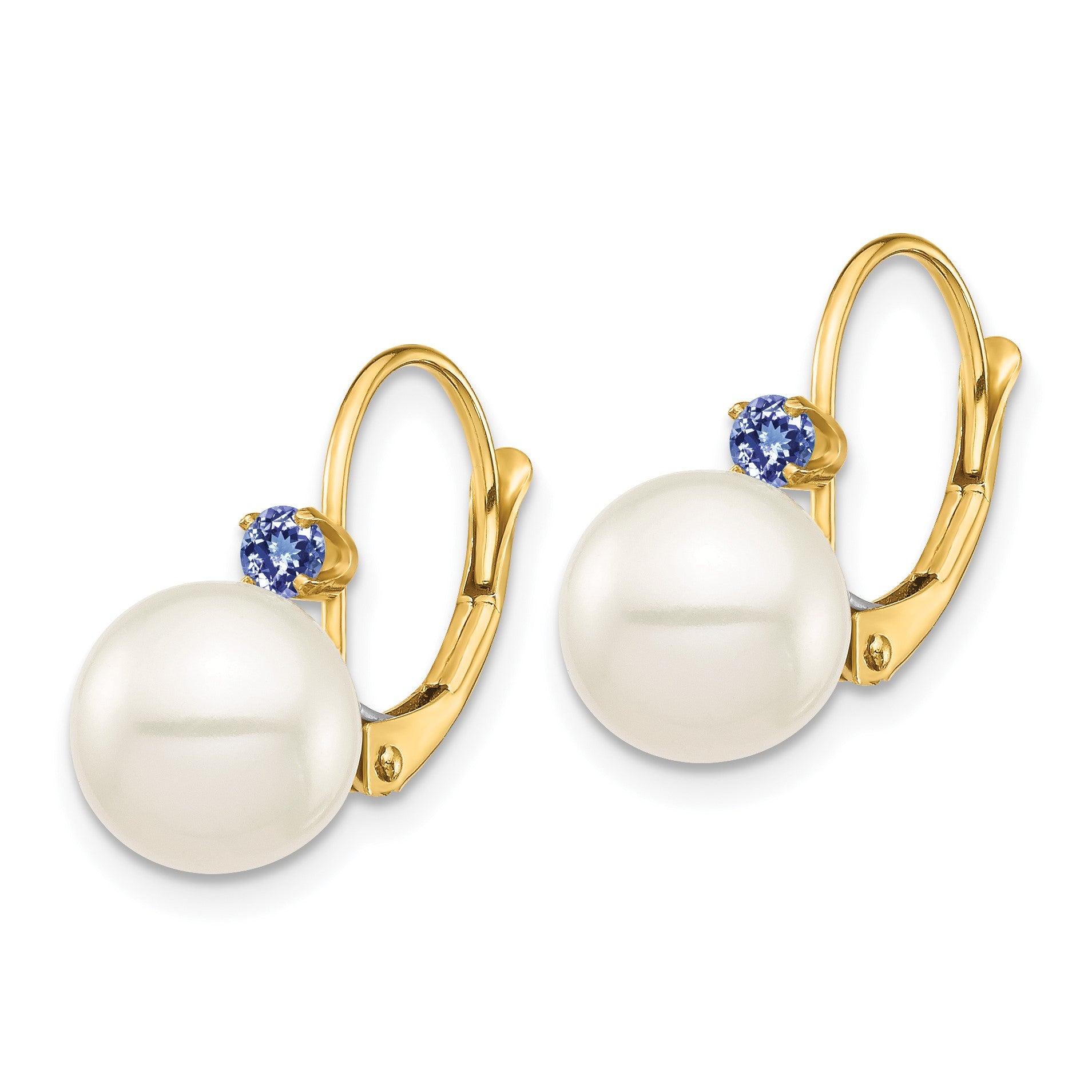 14k 8-8.5mm White Round Freshwater Cultured Pearl and .14TZ Tanzanite Leverback Earrings