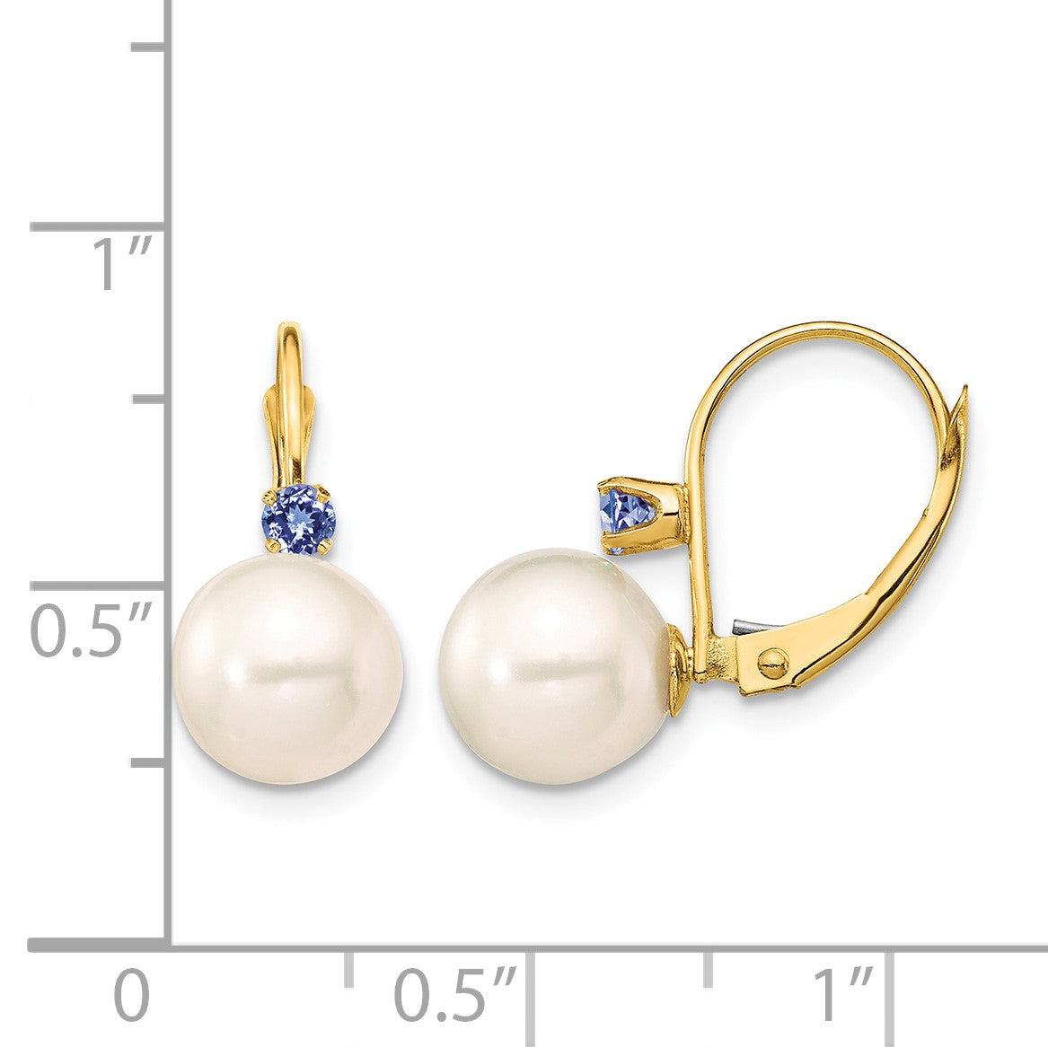 14k 8-8.5mm White Round Freshwater Cultured Pearl and .14TZ Tanzanite Leverback Earrings