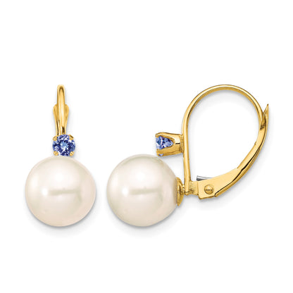 14k 8-8.5mm White Round Freshwater Cultured Pearl and .14TZ Tanzanite Leverback Earrings