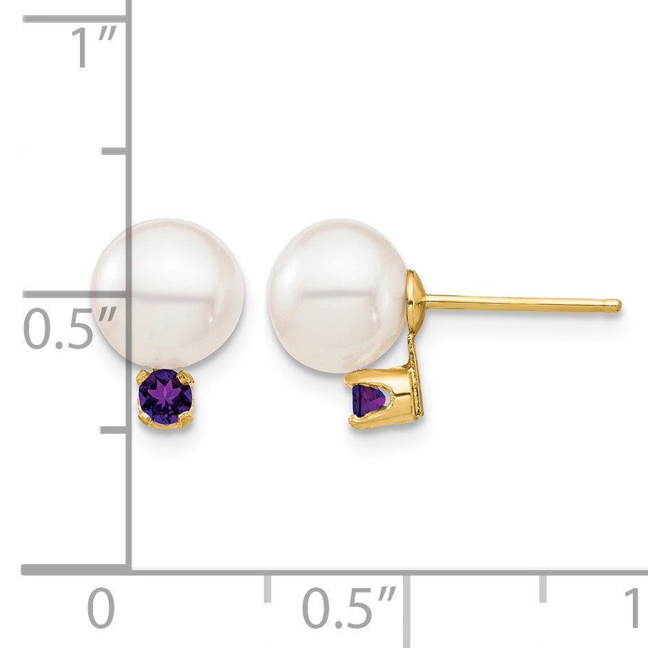 14k 7-7.5mm White Round Freshwater Cultured Pearl and .14AM Amethyst Post Earrings