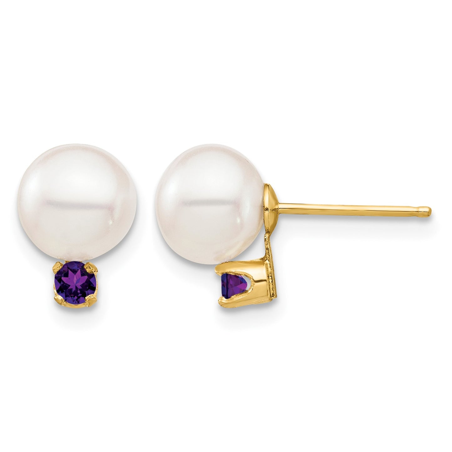 14k 7-7.5mm White Round Freshwater Cultured Pearl and .14AM Amethyst Post Earrings