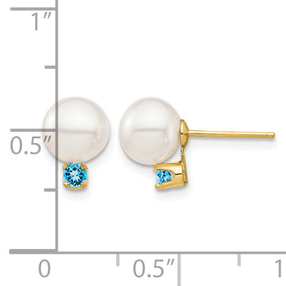14k 7-7.5mm White Round Freshwater Cultured Pearl and .18BT Swiss Blue Topaz Post Earrings