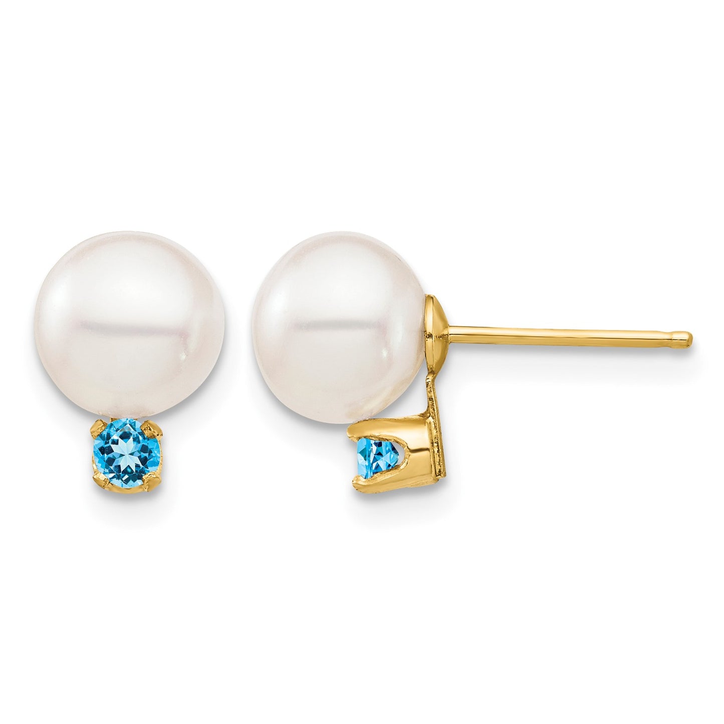14k 7-7.5mm White Round Freshwater Cultured Pearl and .18BT Swiss Blue Topaz Post Earrings