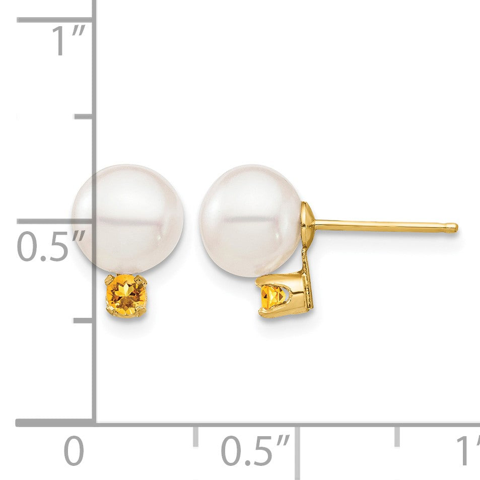 14k 7-7.5mm White Round Freshwater Cultured Pearl and .14CI Citrine Post Earrings