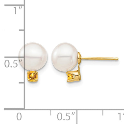 14k 7-7.5mm White Round Freshwater Cultured Pearl and .14CI Citrine Post Earrings