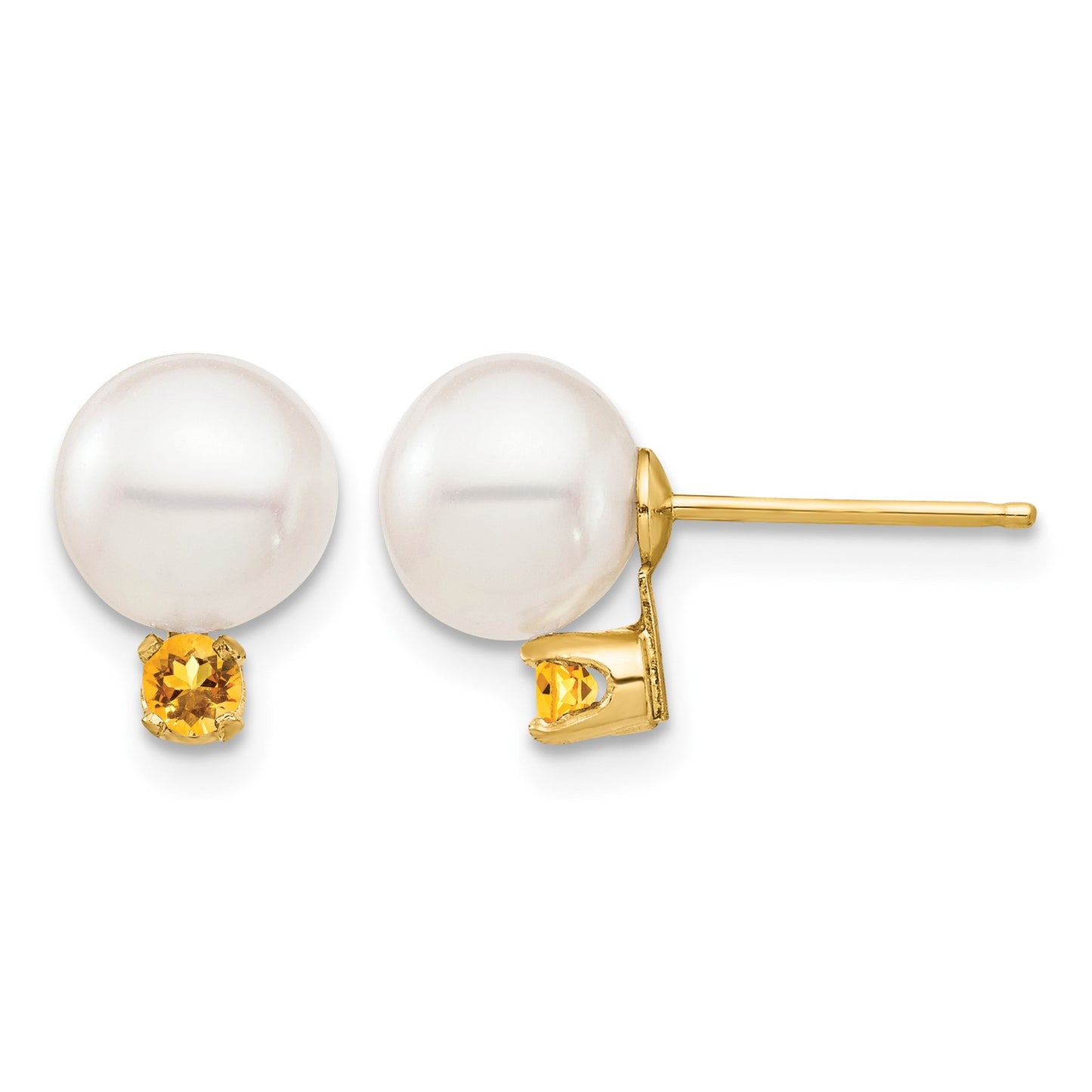 14k 7-7.5mm White Round Freshwater Cultured Pearl and .14CI Citrine Post Earrings