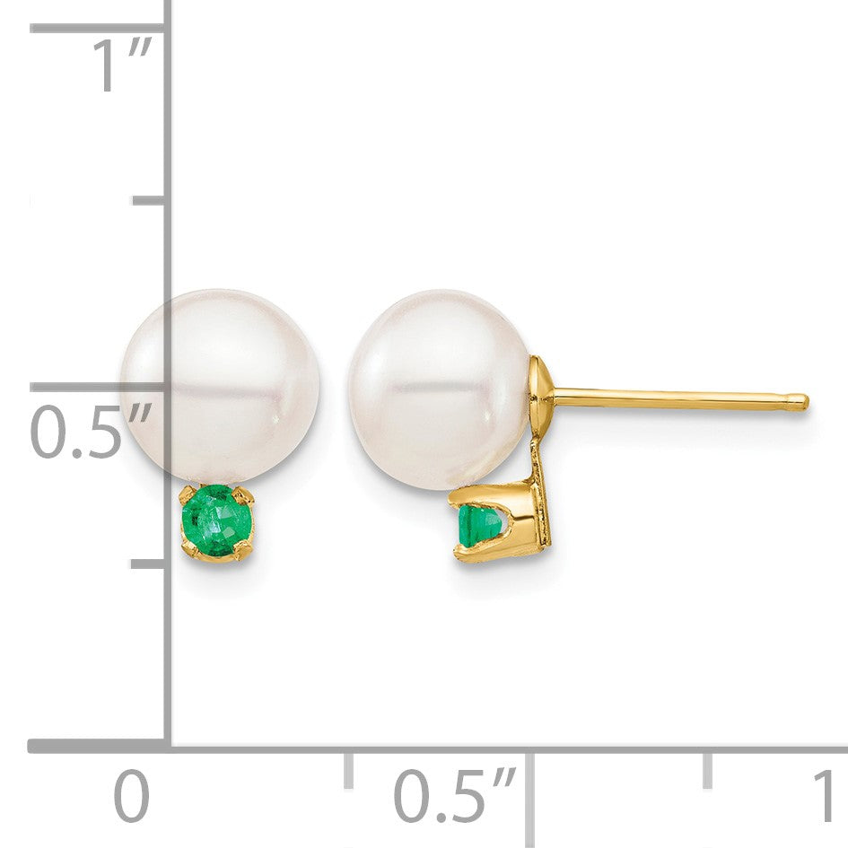 14k 7-7.5mm White Round Freshwater Cultured Pearl and .18EM Emerald Post Earrings