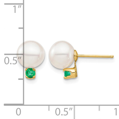 14k 7-7.5mm White Round Freshwater Cultured Pearl and .18EM Emerald Post Earrings