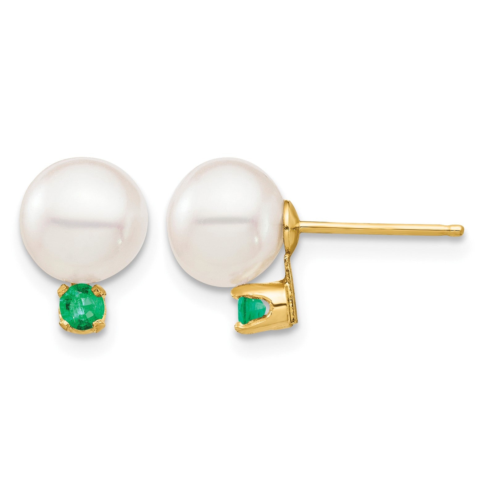 14k 7-7.5mm White Round Freshwater Cultured Pearl and .18EM Emerald Post Earrings
