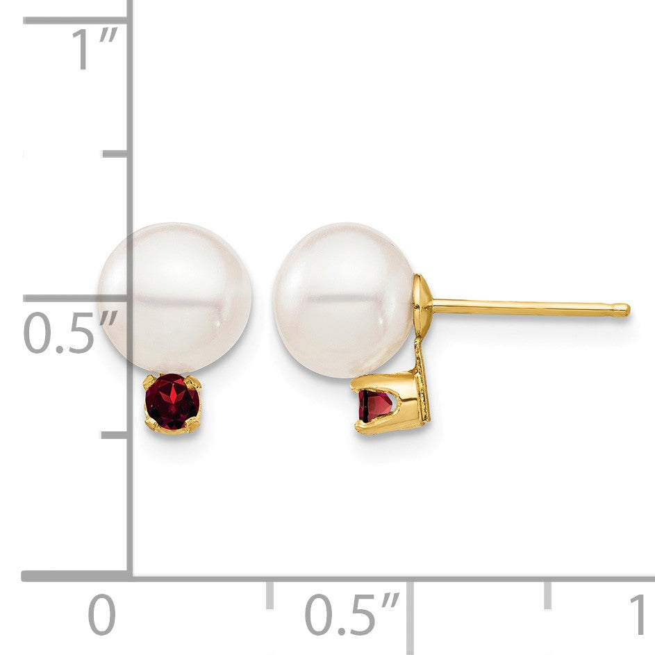 14k 7-7.5mm White Round Freshwater Cultured Pearl and .18GA Garnet Post Earrings