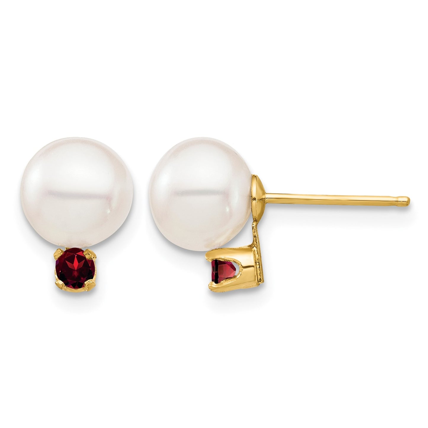 14k 7-7.5mm White Round Freshwater Cultured Pearl and .18GA Garnet Post Earrings