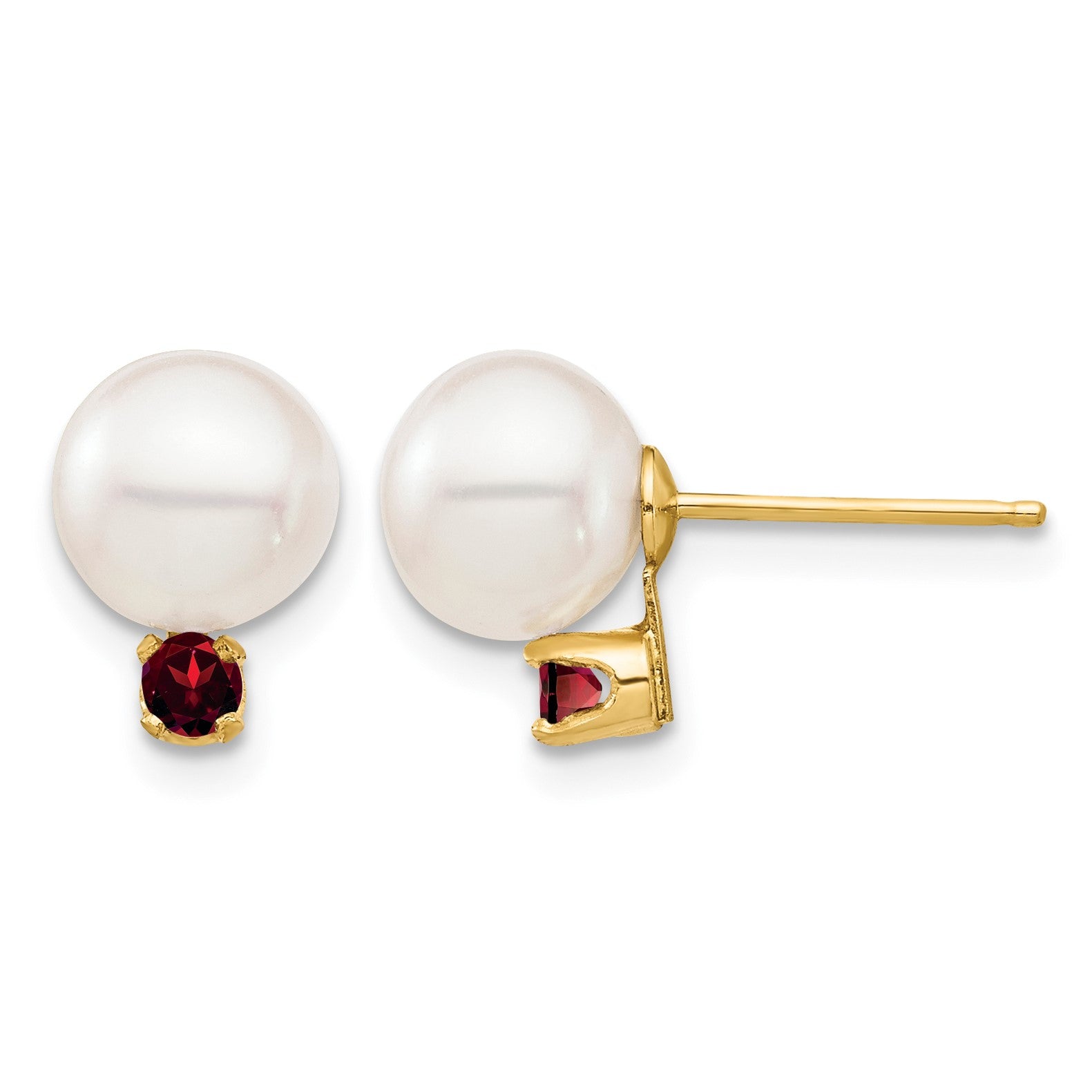 14k 7-7.5mm White Round Freshwater Cultured Pearl and .18GA Garnet Post Earrings