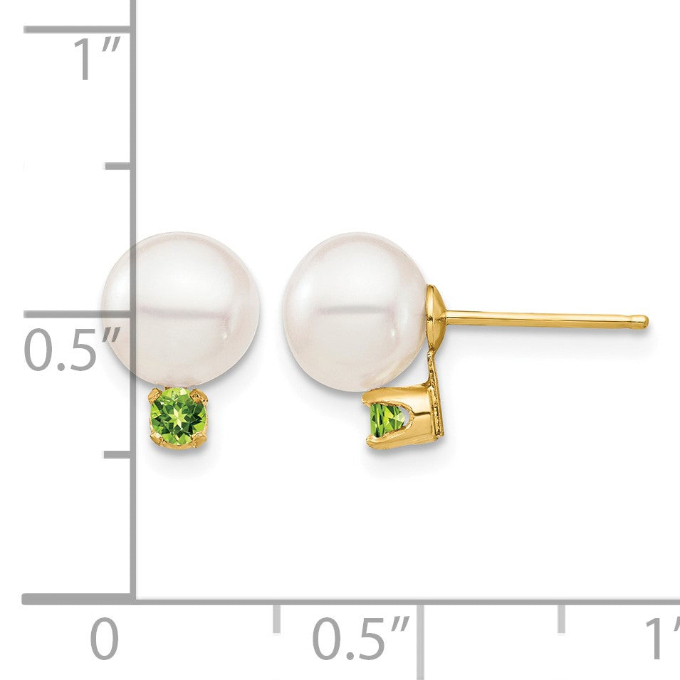 14k 7-7.5mm White Round Freshwater Cultured Pearl and .14PE Peridot Post Earrings