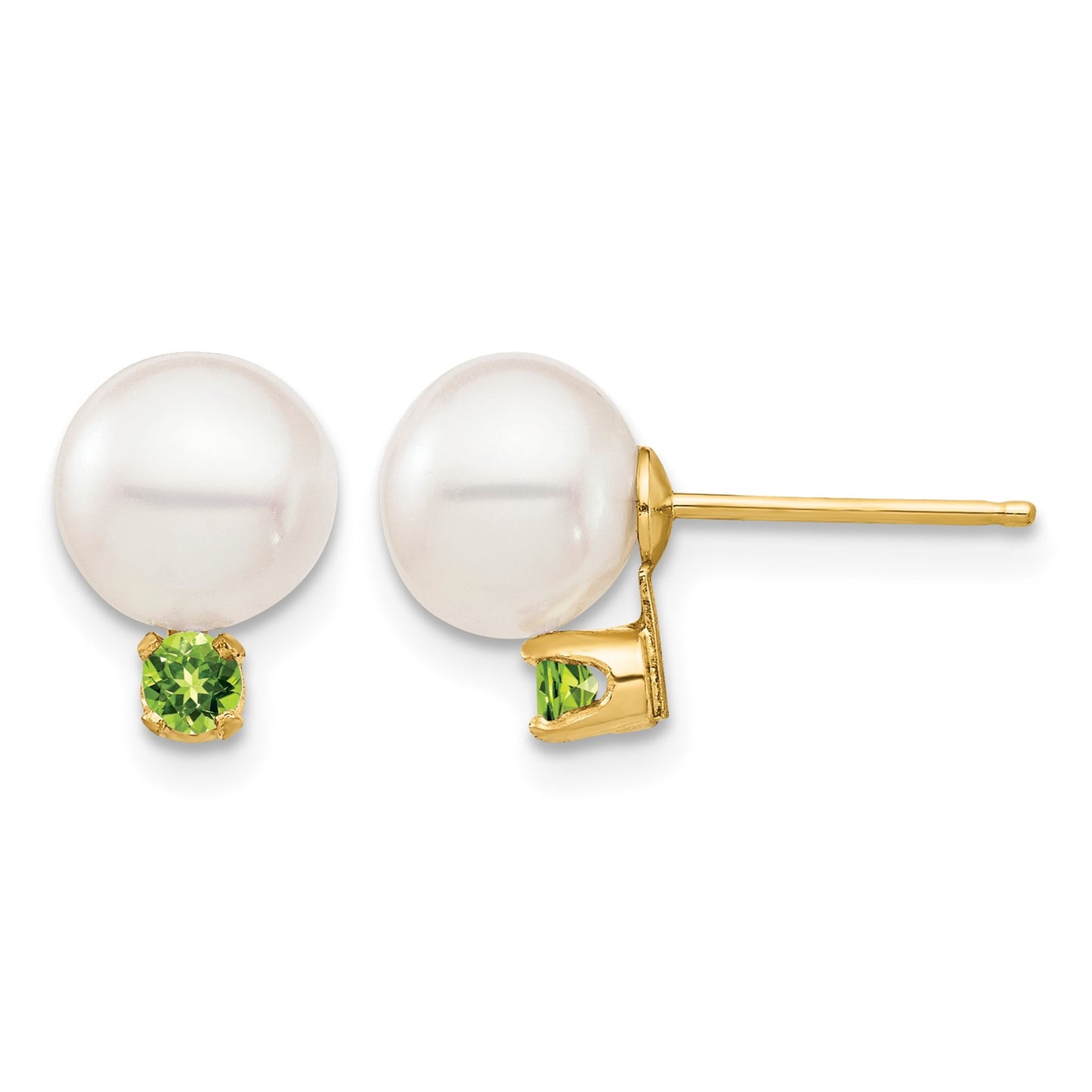 14k 7-7.5mm White Round Freshwater Cultured Pearl and .14PE Peridot Post Earrings