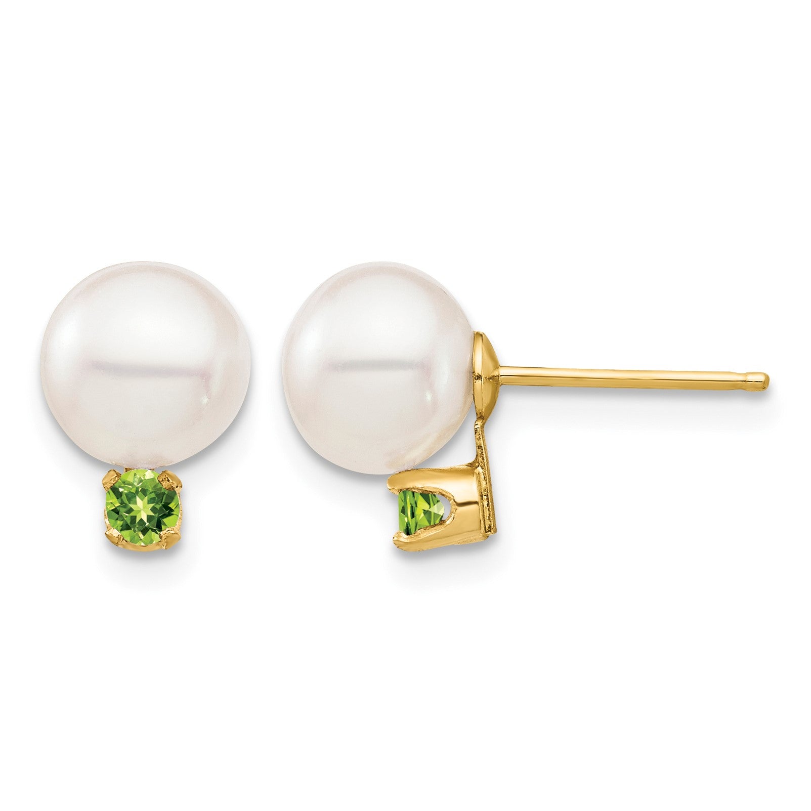 14k 7-7.5mm White Round Freshwater Cultured Pearl and .14PE Peridot Post Earrings