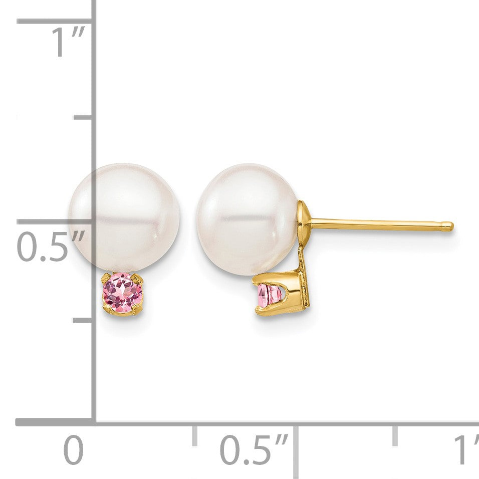 14k 7-7.5mm White Round Freshwater Cultured Pearl and .14PT Pink Topaz Post Earrings