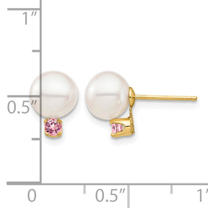 14k 7-7.5mm White Round Freshwater Cultured Pearl and .14PT Pink Topaz Post Earrings