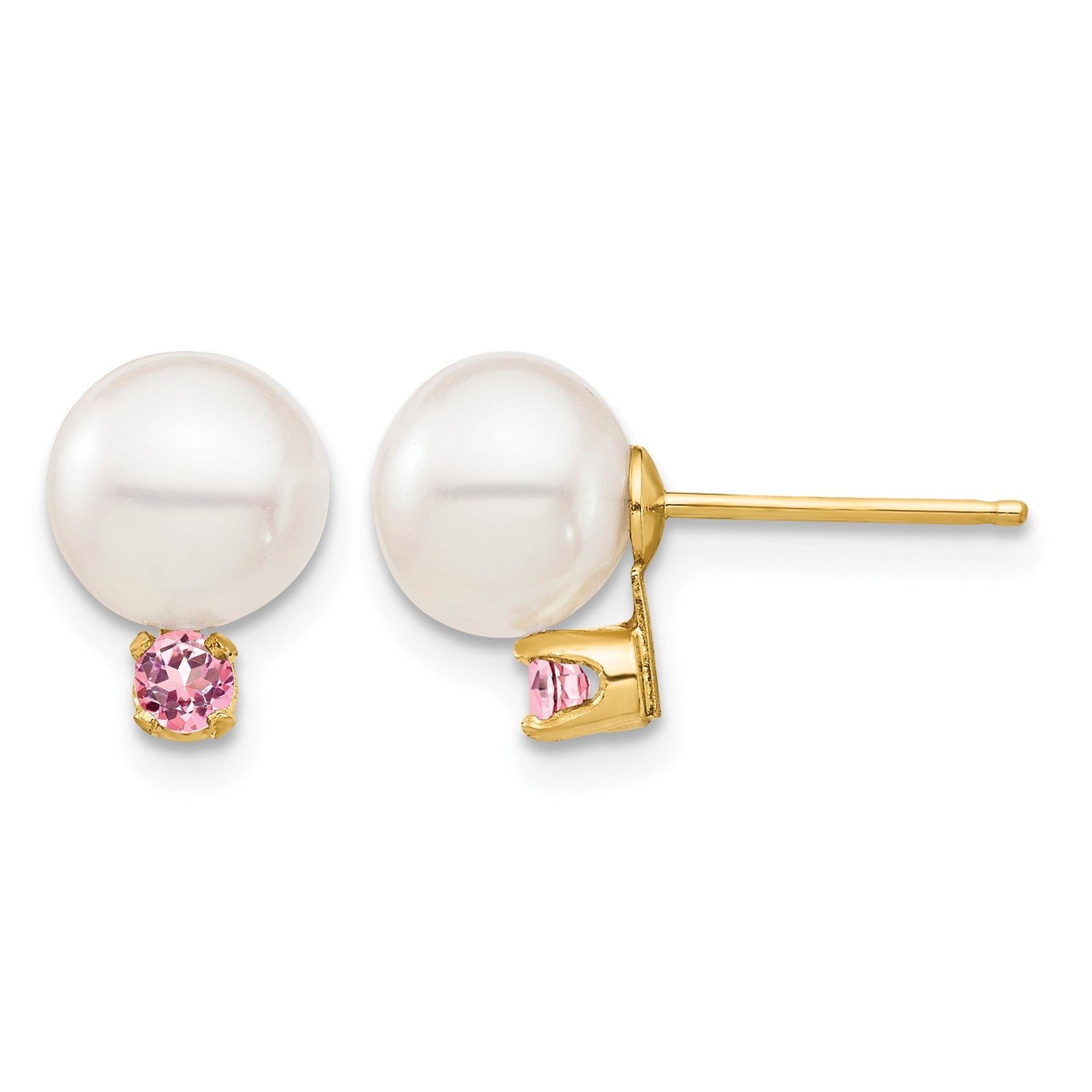 14k 7-7.5mm White Round Freshwater Cultured Pearl and .14PT Pink Topaz Post Earrings