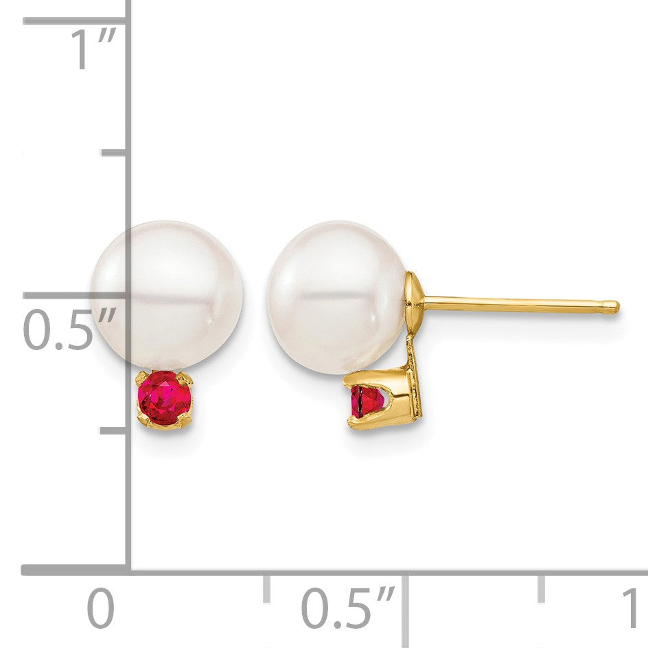 14k 7-7.5mm White Round Freshwater Cultured Pearl and .18RU Ruby Post Earrings