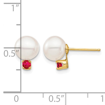 14k 7-7.5mm White Round Freshwater Cultured Pearl and .18RU Ruby Post Earrings