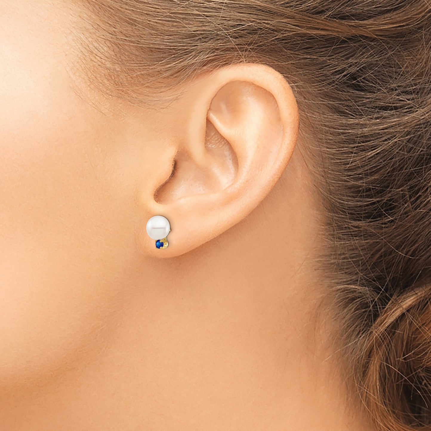 14k 7-7.5mm White Round Freshwater Cultured Pearl and .18SA Sapphire Post Earrings