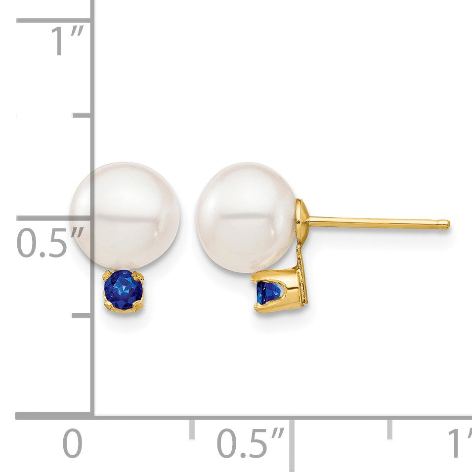 14k 7-7.5mm White Round Freshwater Cultured Pearl and .18SA Sapphire Post Earrings