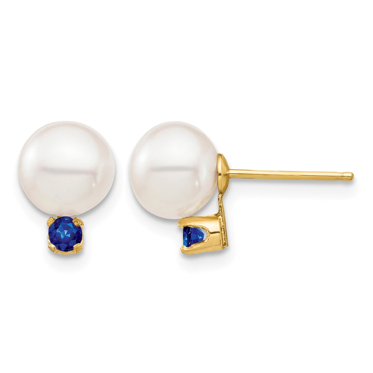14k 7-7.5mm White Round Freshwater Cultured Pearl and .18SA Sapphire Post Earrings