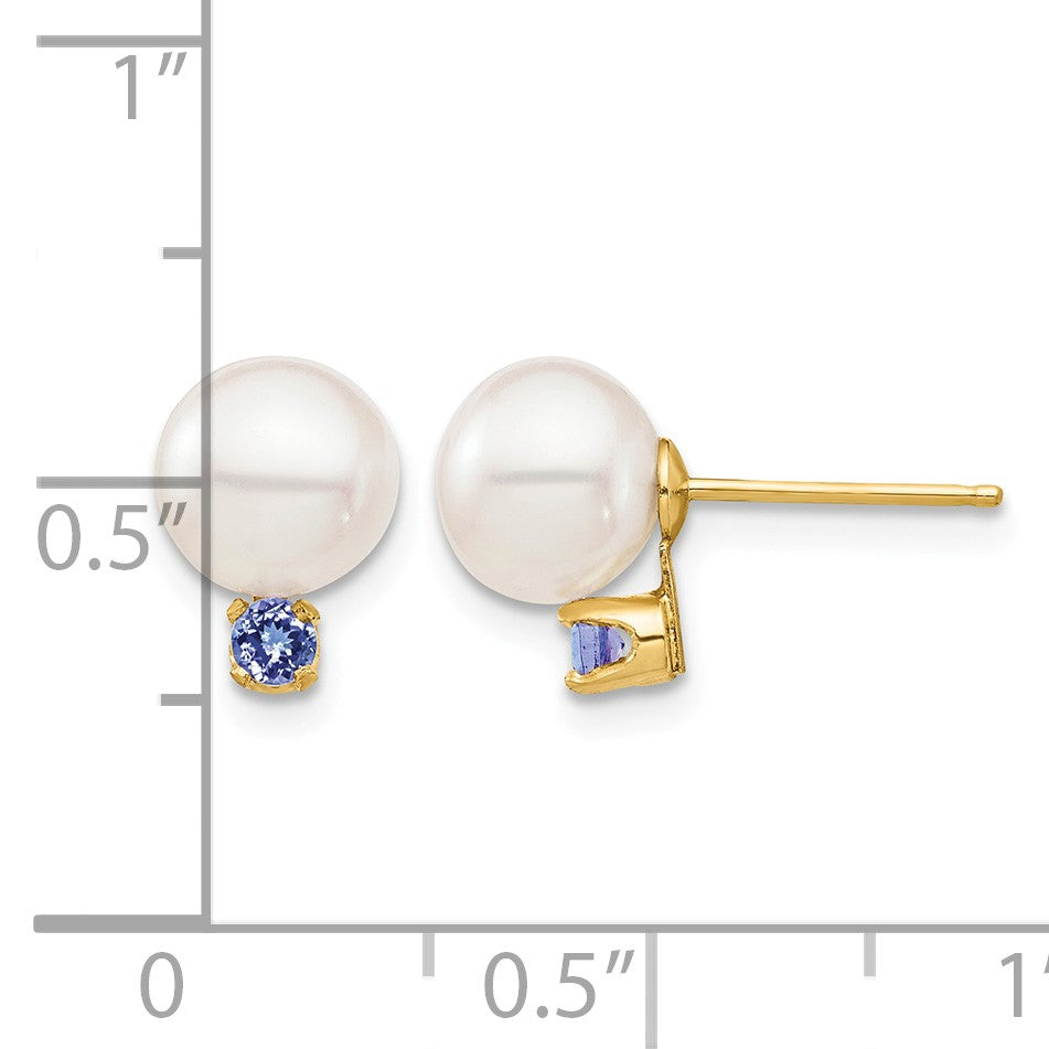 14k 7-7.5mm White Round Freshwater Cultured Pearl and .14TZ Tanzanite Post Earrings