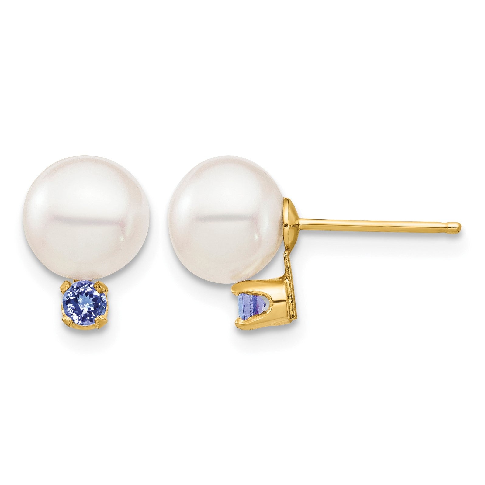 14k 7-7.5mm White Round Freshwater Cultured Pearl and .14TZ Tanzanite Post Earrings