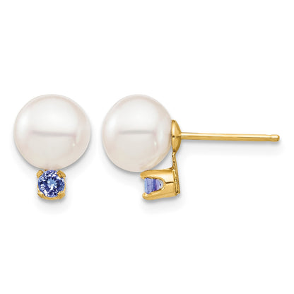 14k 7-7.5mm White Round Freshwater Cultured Pearl and .14TZ Tanzanite Post Earrings