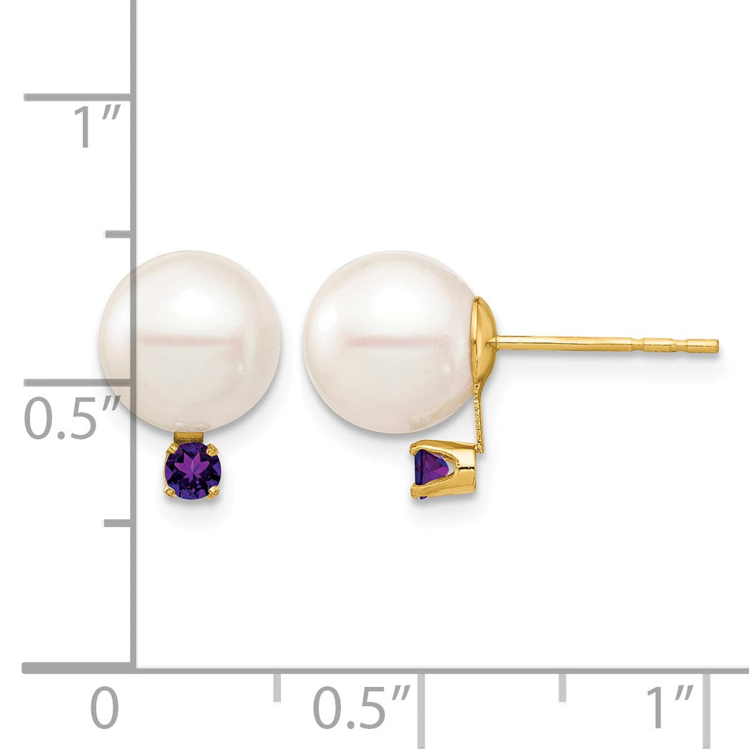 14k 8-8.5mm White Round Freshwater Cultured Pearl and .14AM Amethyst Post Earrings